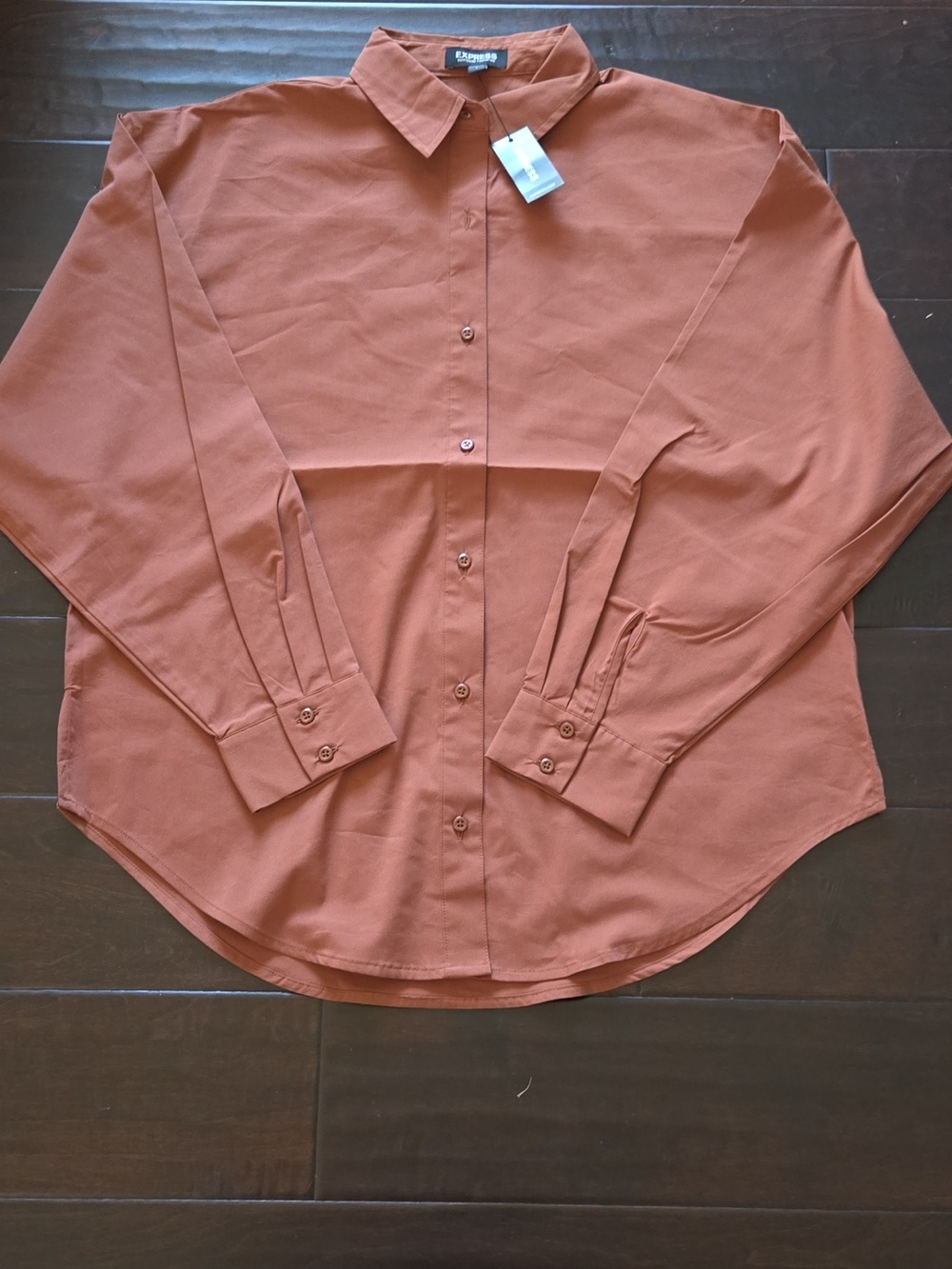 NEW Express Boyfriend Portofino Stretch Cotton Poplin Oversized Shirt Brown - S - Picture 7 of 8